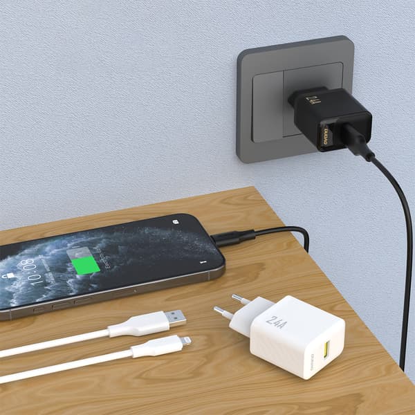 USB-A vægoplader med USB-A kabel - iPhone Lightning 2.4A GaN EU - Sort