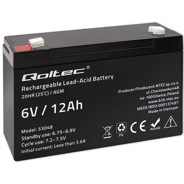 Qoltec 6V AGM-batteri | 12Ah