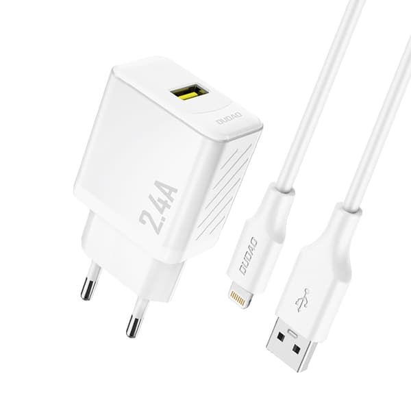 USB-A vægoplader med USB-A kabel - iPhone Lightning 2.4A GaN EU - Hvid