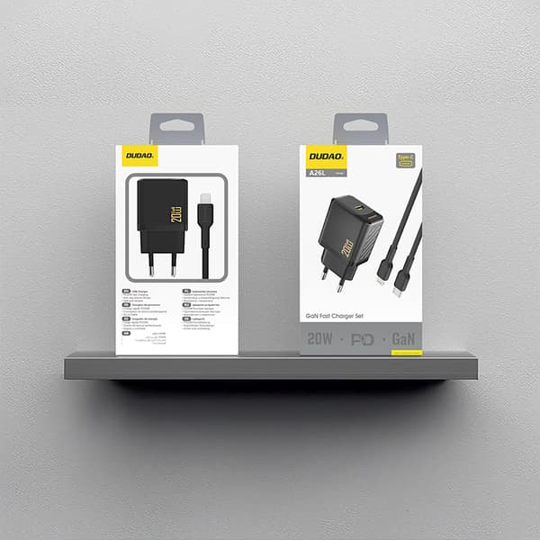 USB-C vægoplader med USB-C kabel - iPhone Lightning GaN PD 20W - Sort