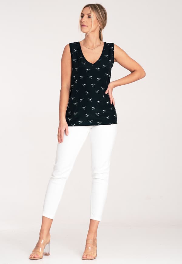 Elegant ärmlös blus - mönstrad marinblå blus storlek S M1076