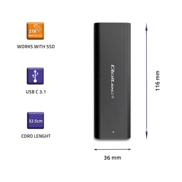 Qoltec-hölje/kortplats för M.2 SSD-diskar | NVME | PCI-E | USB typ C