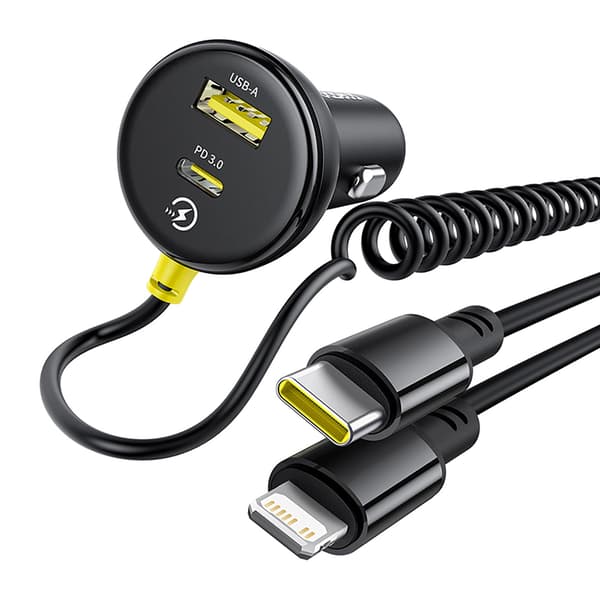 USB-A USB-C Biloplader med iPhone Lightning USB-C Kabel 60W 1,4m - Sort