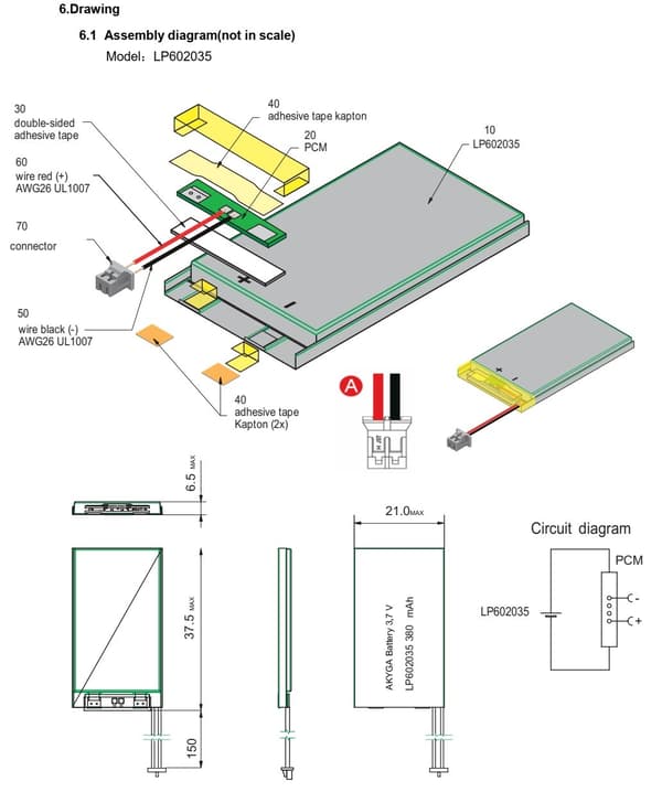 BATTERI Li-Poly 380mAh 3,7V JST-2-ben