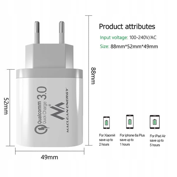 Maclean MCE479 W QC 3.0 3xUSB väggladdare vit