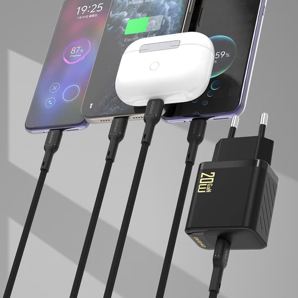 USB-C vægoplader med USB-C kabel - iPhone Lightning GaN PD 20W - Sort