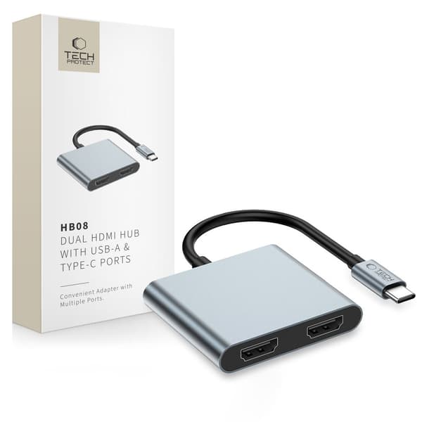 HUB-sovitin 4in1 USB-C USB-A 2x HDMI 4K 60HZ - harmaa