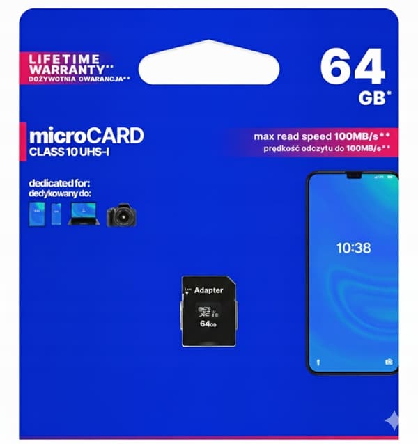 MICRO SD-MINNESKORT 64 GB + ADAPTER KLASS 10 UHS-I Rindle