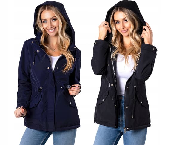 TÆT FORÅRSFRAKKE med hætte PARKA 3 FARVER Transitional 6XL Sort