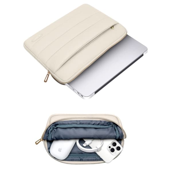 Puffy taske til bærbar computer og tablet 13-14 tommer + etui til tilbehør - beige