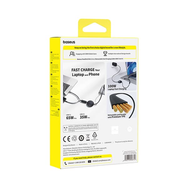 2-i-1 USB-C 100W udtrækkeligt kabel 1,2m - Sort