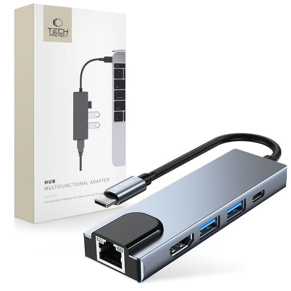 5-i-1 HUB USB-C til USB-C USB-A HDMI RJ45 Splitter - Grå