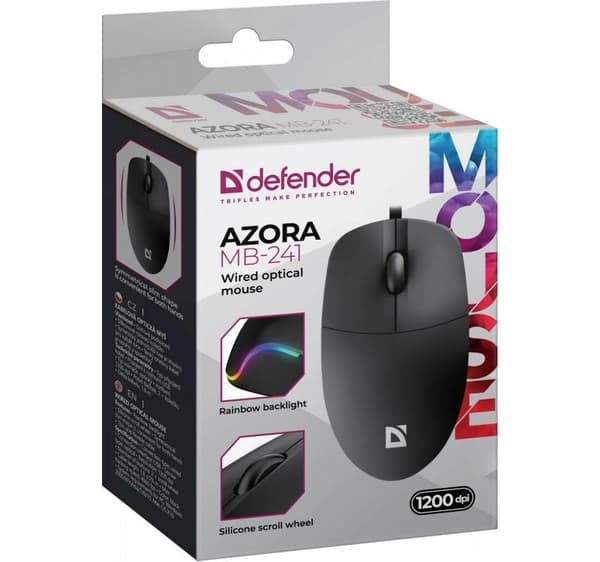 Defender AZORA MB-241 OPTISK 1200 dpi 3P kablet mus sort kabel 1,8 m
