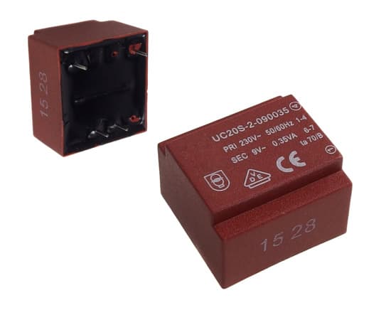 Integrerad transformator 0,5 VA 230 V 9 V-55 mA Ta70