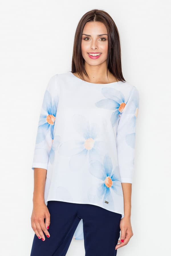 Damsommarblus med blommotiv vit och blå storlek S