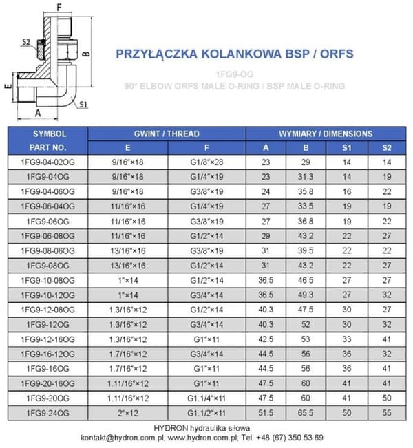 Böjkoppling 90° BSP/ORFS 1/4" / 9/16"