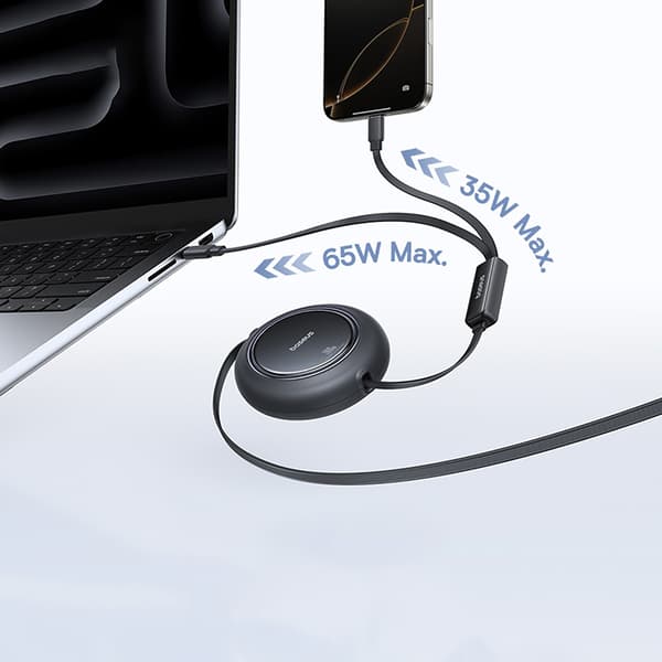 2-i-1 USB-C 100W udtrækkeligt kabel 1,2m - Sort