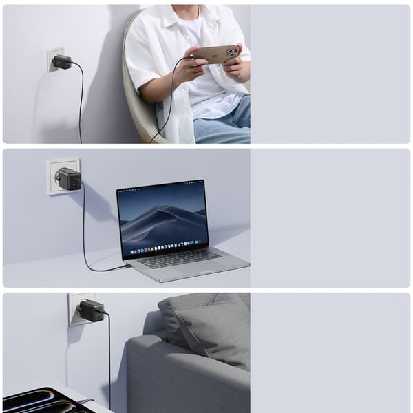 2x USB-C EU 45W seinälaturi - musta