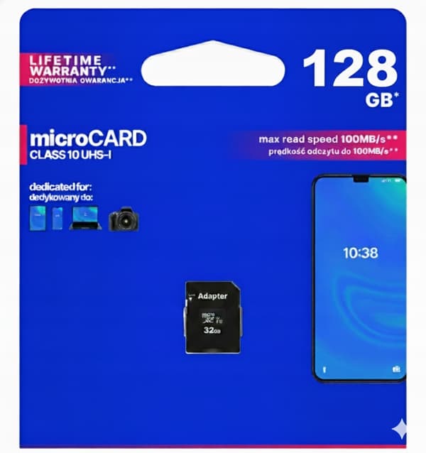 MicroSDHC 128GB CL10 UHS I -muistikortti + Rindle-sovitin