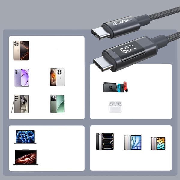 USB-C-kabel med skærm PD 60W 1,2m - Sort