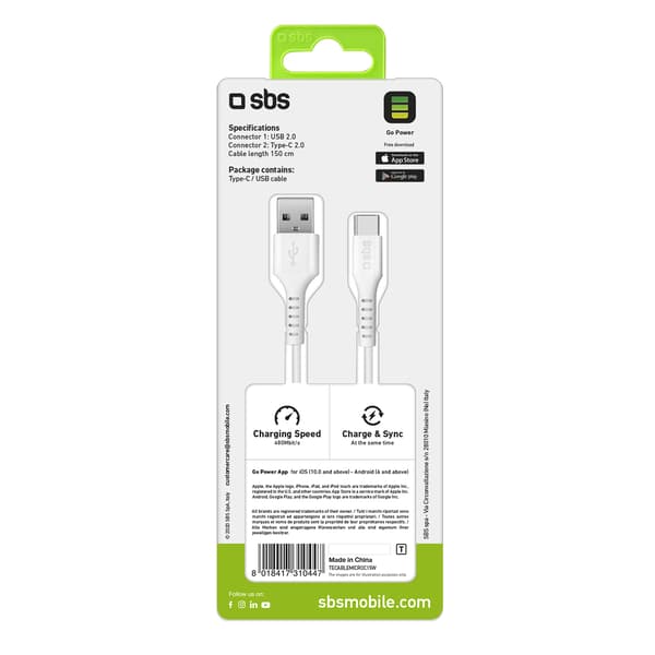 USB-A - USB-C -kaapeli 1,5 m - valkoinen