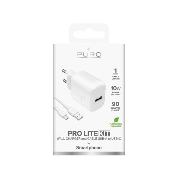 PROLITE 10W USB-A väggladdare med 1,2m USB-A - USB-C-kabel - Vit