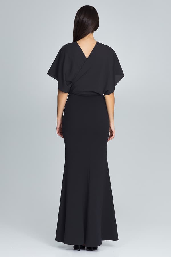 Elegant aften maxikjole med vidde ærmer, sort - M577, størrelse S