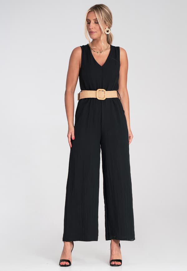 Damjumpsuit med vide ben, bælte, sort, størrelse S/M