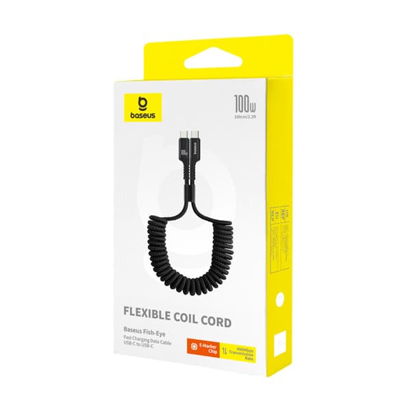 USB-C Fish-Eye -spiraalikaapeli 100W 1m - Musta