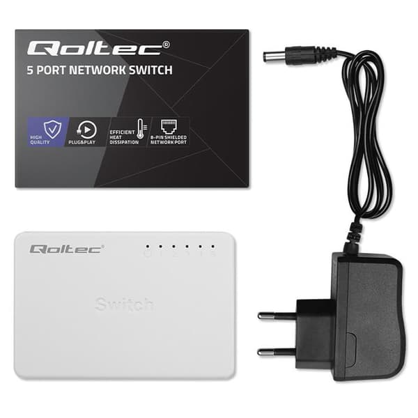 Qoltec ustyret switch netværksswitch 5 x RJ45-port | 100 Mbps | Fast Ethernet | LAN