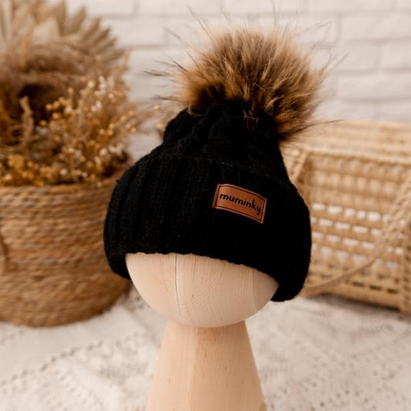 Børne-alpakauld-pompomhue | Sort