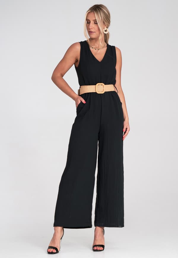 Damjumpsuit med vide ben, bælte, sort, størrelse S/M