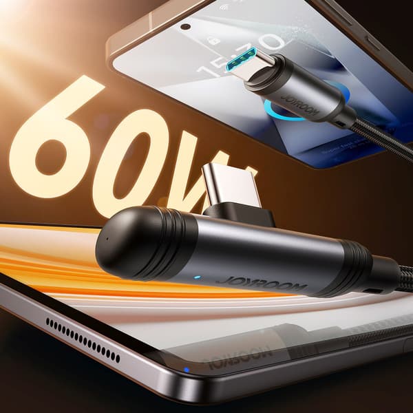 USB-C 60W 1,2m vinklet kabel - sort