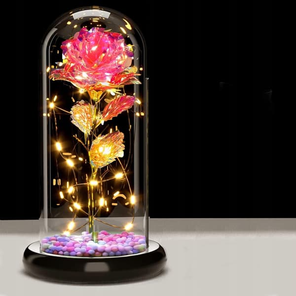 Eviga ros i glas, glittrad, LED, presentidé rosa