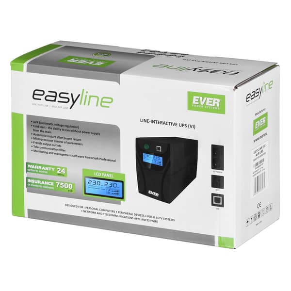 Ever Easyline 850AVR USB UPS, 0,85 kVA, sort