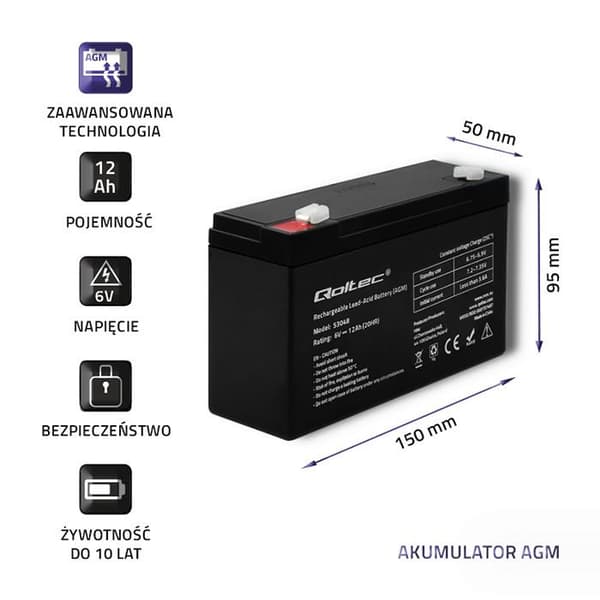 Qoltec 6V AGM-batteri | 12Ah