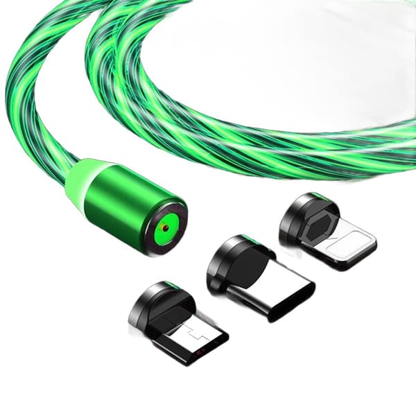 Magnetisk LED-kabel för iPhone, Micro USB och USB-C 200 cm grön