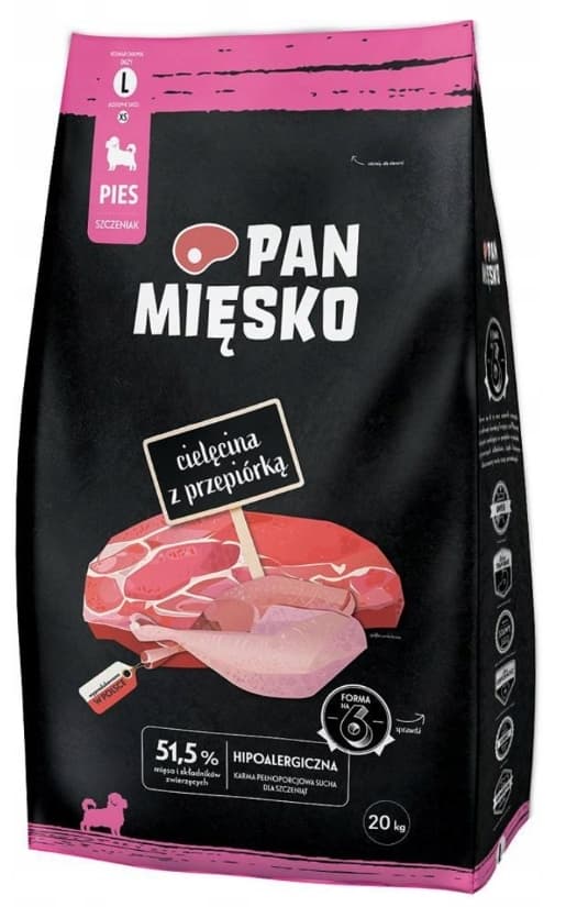 Torrfoder för hundar PAN MĘSKO Kalvkött med vaktel L 20kg