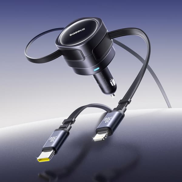 Biloplader med udtrækkelige USB-C iPhone Lightning-kabler 60W - Sort