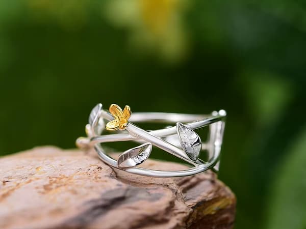 Silverring Justerbar Ring Blommor Löv Silver 925 Trusky