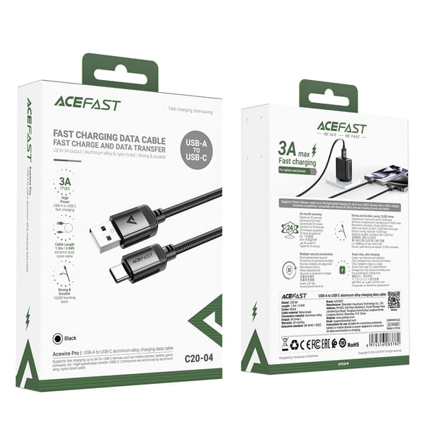 USB-A - USB-C 480Mb/s 3A 1,2 m kaapeli - musta