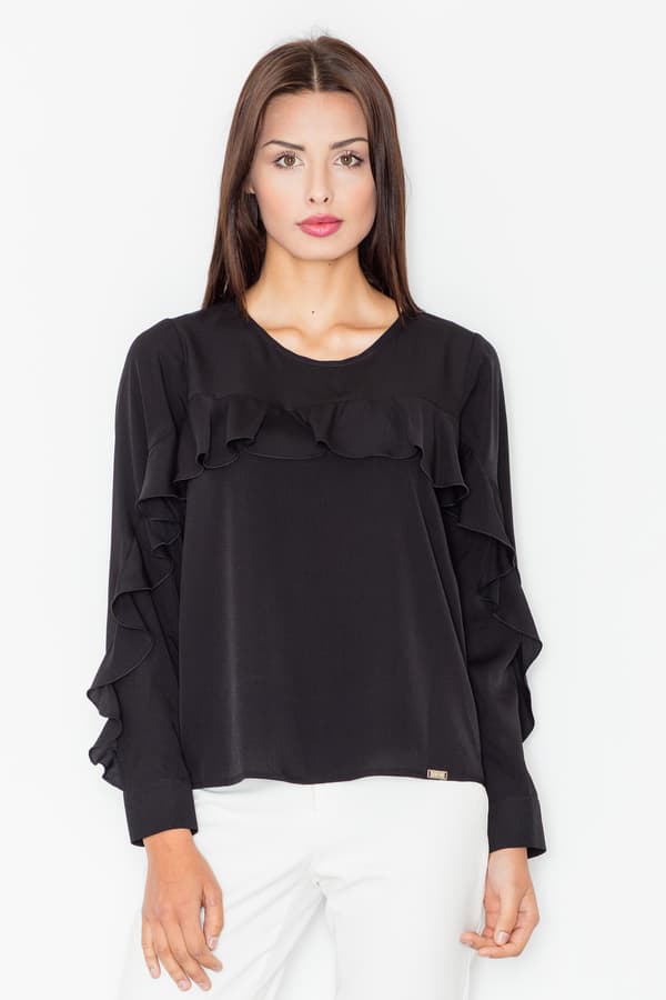 Elegant bluse med volanger, sort, størrelse S