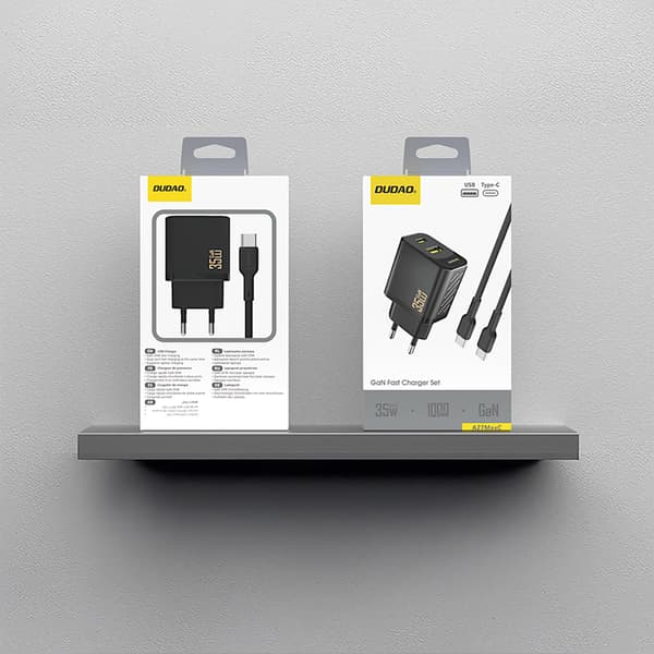 USB-A USB-C vægoplader med USB-C PD QC 35W kabel - Sort