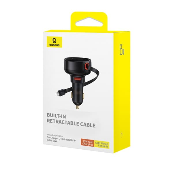 USB-A Biloplader med Udtrækkeligt iPhone Lightning Kabel 55W - Sort