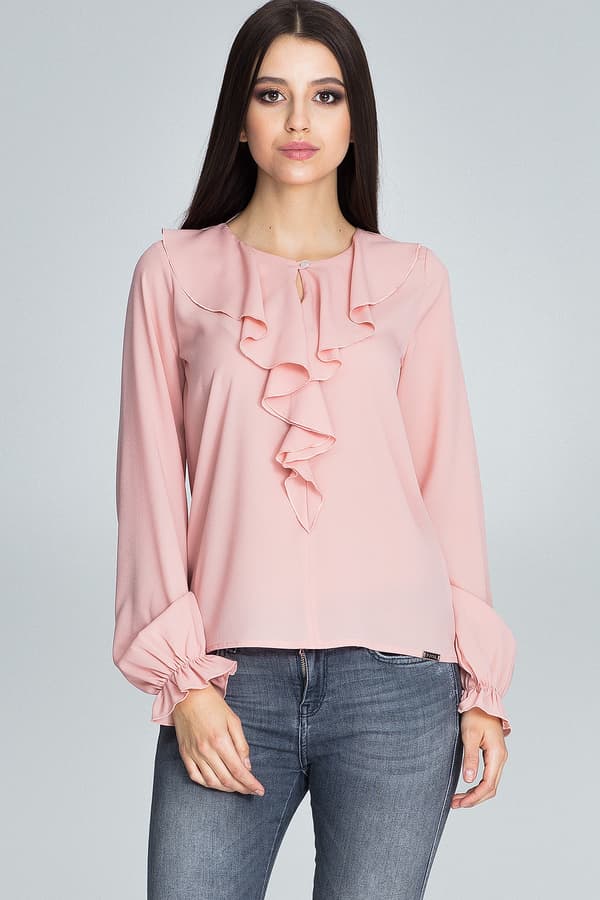 Bluse med flæser - elegant lyserød bluse M609 størrelse S