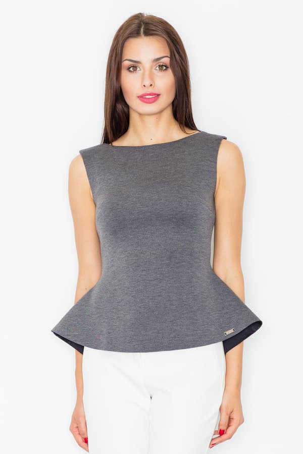 Utsvängd blus - elegant ärmlös blus grå M352 storlek XL