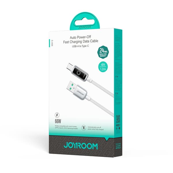 Flettet kabel USB-A - USB-C 66W 1,2m - hvid