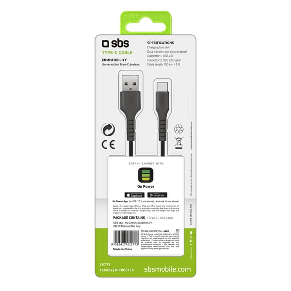 USB-A - USB-C-kabel 1,5 m - svart