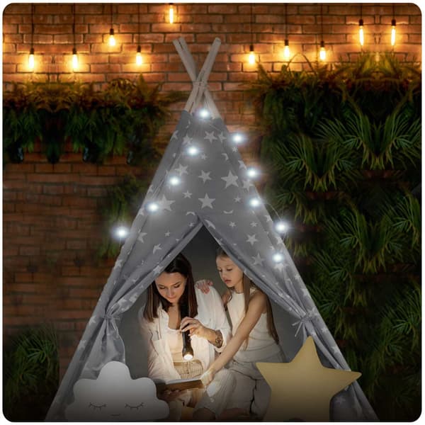 Nukido lasten teepee-teltta valoilla - harmaa tähdillä