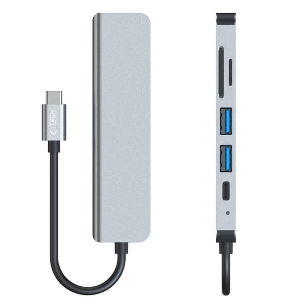 6-i-1 HUB USB-C til USB-A USB-C HDMI Micro SD / TF / SD Splitter - Grå